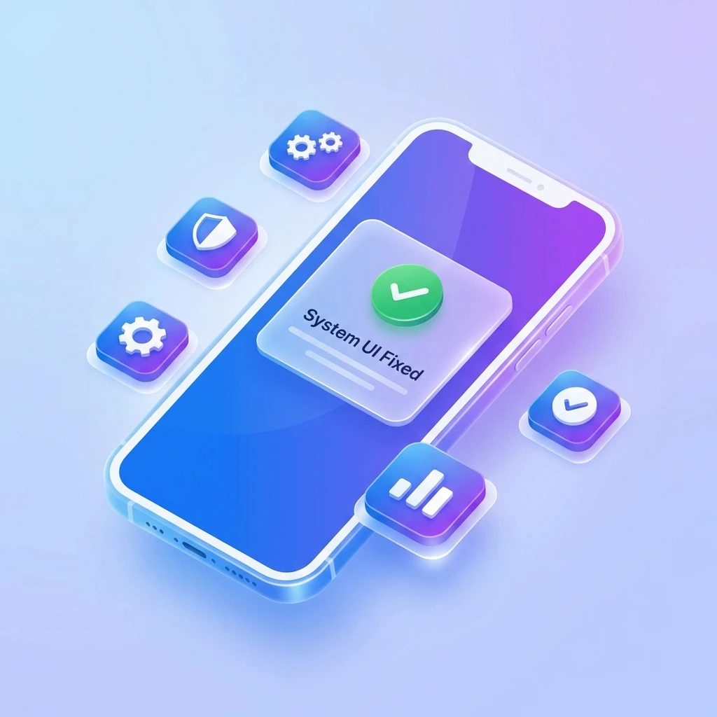 Isometric smartphone illustration showing System UI Fixed notification with green checkmark