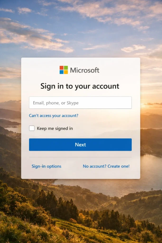 Microsoft account sign-in page showing email, phone, or Skype login field with Next button