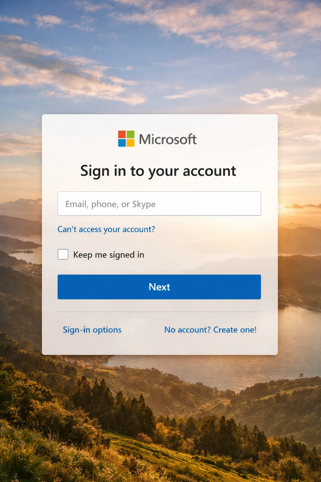 Microsoft account sign-in page showing email, phone, or Skype login field with Next button