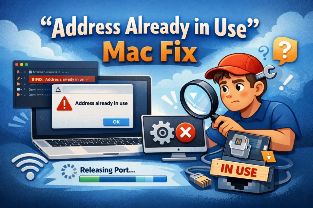 Illustration of MacBook showing 'Address already in use' error with developer troubleshooting port conflict on macOS